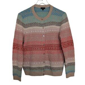 Talbots Fair Isle Cardigan Womens Petite Size Large Blue Pink Pastel Sweater
